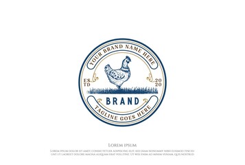 Retro Vintage Hen Chicken for Egg Farm Logo Design Vector