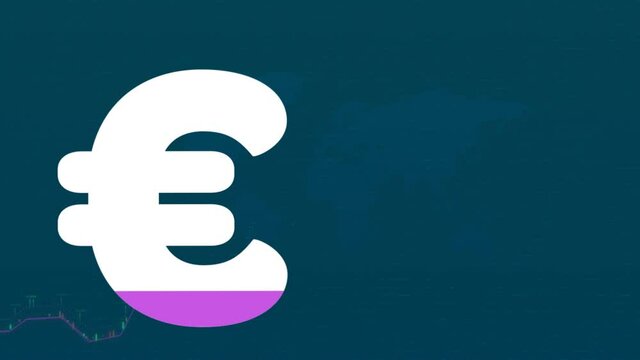 Animation of euro sign filling up with pink over financial data processing