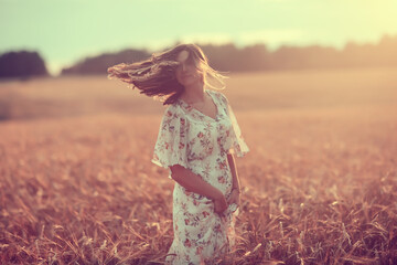 field wheat sunset girl, summer landscape, outdoor activity concept abstract freedom woman