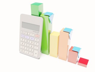 Colors bar graph investment with calculator on a white scene 3D render business wallpaper backgrounds