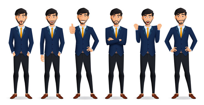 Businessman characters vector set. Business man character with happy and angry facial expressions in standing pose and gesture for male boss employee collection design. Vector illustration
