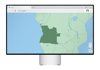 Computer monitor with map of Angola in browser, search for the country of Angola on the web mapping program.