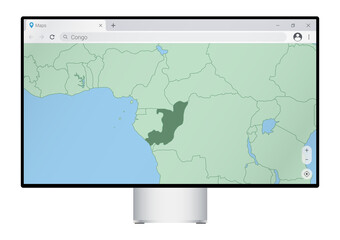 Computer monitor with map of Congo in browser, search for the country of Congo on the web mapping program.