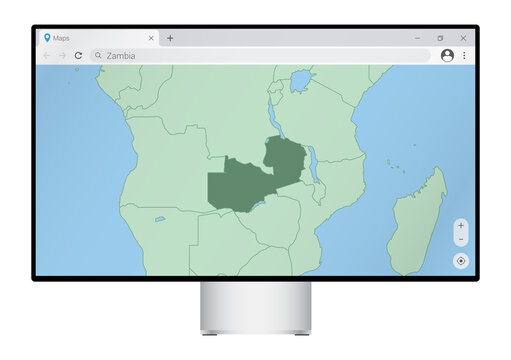 Computer monitor with map of Zambia in browser, search for the country of Zambia on the web mapping program.