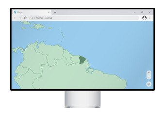 Computer monitor with map of French Guiana in browser, search for the country of French Guiana on the web mapping program.