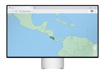 Computer monitor with map of Costa Rica in browser, search for the country of Costa Rica on the web mapping program.