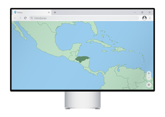 Computer monitor with map of Honduras in browser, search for the country of Honduras on the web mapping program.