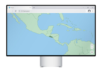 Computer monitor with map of El Salvador in browser, search for the country of El Salvador on the web mapping program.