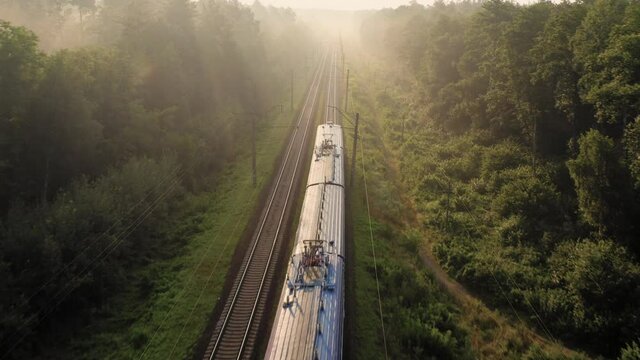 A freight train is moving at high speed through the woods. Aerial view.