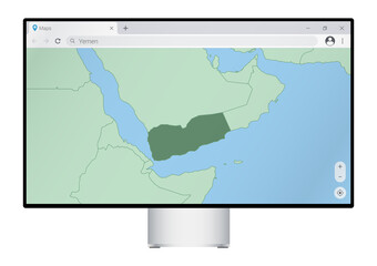 Computer monitor with map of Yemen in browser, search for the country of Yemen on the web mapping program.
