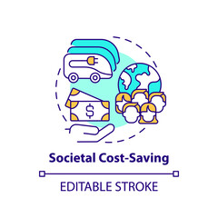 Electric vehicles societal cost saving concept icon. EV quantifying benefits abstract idea thin line illustration. Net energy savings. Vector isolated outline color drawing. Editable stroke