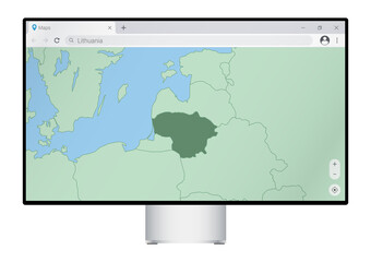 Computer monitor with map of Lithuania in browser, search for the country of Lithuania on the web mapping program.