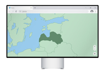 Computer monitor with map of Latvia in browser, search for the country of Latvia on the web mapping program.