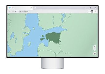 Computer monitor with map of Estonia in browser, search for the country of Estonia on the web mapping program.
