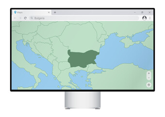 Computer monitor with map of Bulgaria in browser, search for the country of Bulgaria on the web mapping program.