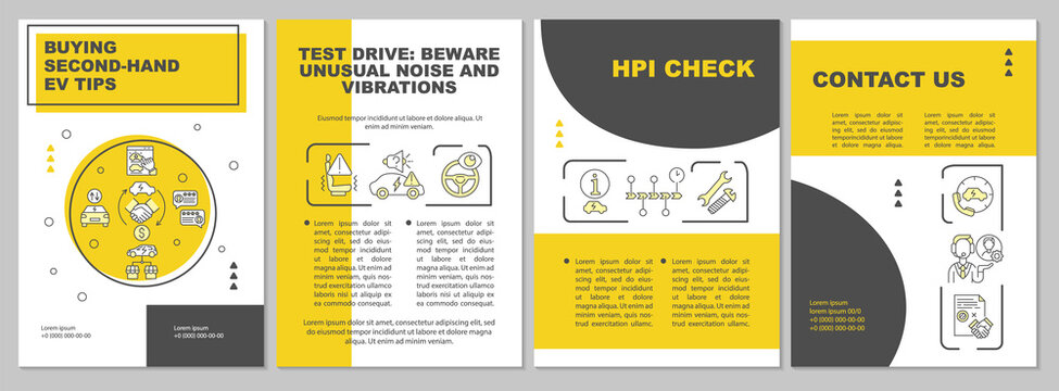 Second hand EV purchase brochure template. Flyer, booklet, leaflet print, cover design with linear icons. Eco-friendly test drive. Vector layouts for presentation, annual reports, advertisement pages