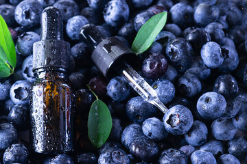 Skin care serum in dark glass bottle with dropper on the background of ripe sweet blueberries. Face care serum with blueberry extract.