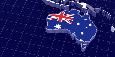 The territory of Australia is highlighted in close-up on a 3D map. 3d illustration
