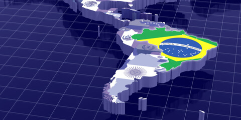 The territory of Brazil is highlighted in close-up on a 3D map. 3d illustration