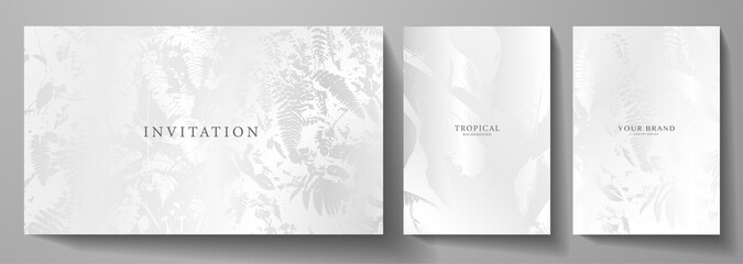 Exotic white invitation, cover design set. Floral background with silver tropical pattern of leaf (jungle). Premium horizontal and vertical vector template for gift card, banner, wedding menu, voucher