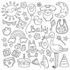 Black and white set with elements on the theme of the birth of a child in a simple cute doodle style. Vector childrens illustration isolated on background.