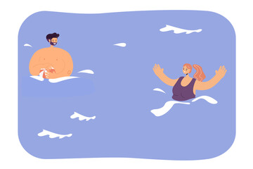 Man and woman playing with ball in sea flat vector illustration. Summer vacation, activity, having fun together concept for banner, website design or landing web page