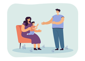 Son sitting on mothers knees, reaching out with hands to dad. Young parents spending time with their little kid flat vector illustration. Parenthood, togetherness, family concept