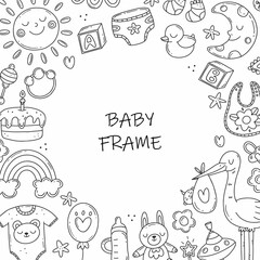 Round frame with black and white elements on the theme of the birth of a child in a simple cute doodle style. Vector baby illustration isolated on background.