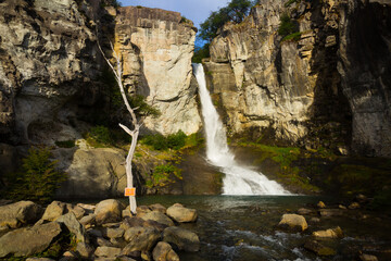 View of Senda Chorrillo del Salto waterfall on sunny day. Patagonia, Argentina