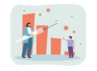 Tiny female doctor holding huge syringe with vaccine. Boy putting his hand in front of him to protest coronavirus vaccination flat vector illustration. Covid, pandemic, prevention concept