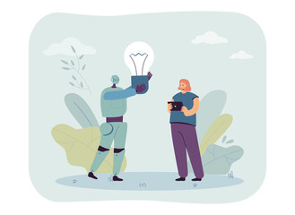 Robot standing with girl and holding light bulb. Cyborg generating creative ideas flat vector illustration. Artificial intelligence, cooperation concept for banner, website design or landing web page