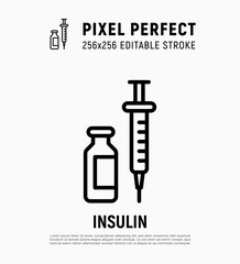 Insulin: ampoule and syringe. Thin line icon. Medical treatment for diabetes. Pixel perfect, editable stroke. Vector illustration.