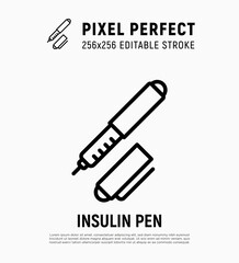 Insulin pen thin line icon. Portable diabetes treatment. Medical equipment. Pixel perfect, editable stroke. Vector illustration.