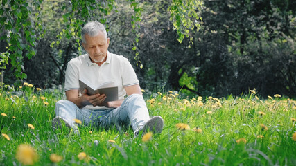 Naklejka na ściany i meble An elderly white-haired man with a beard, sitting alone on the grass in a nature park with a book. A healthy elderly retired man relaxes and enjoys the fresh air on a sunny day.