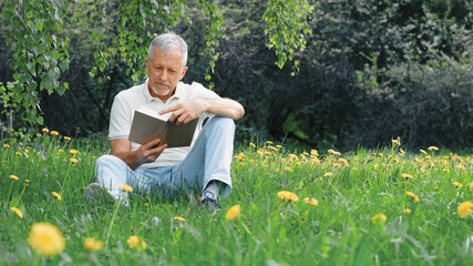 An elderly white-haired man with a beard, sitting alone on the grass in a nature park with a book. A healthy elderly retired man relaxes and enjoys the fresh air on a sunny day.