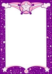 Fototapeta na wymiar Pink and purple kawaii frame with galaxy and starry sky theme. Copy-space with stars, clouds and planets. Invitation or greeting card for kids, baby showers or birthday parties. 