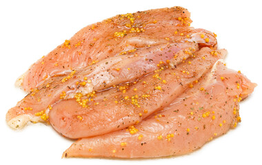 marinated raw chicken fillet isolated on white background. clipping path