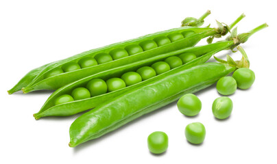 Fresh green pea pods with green peas isolated on white background. clipping path