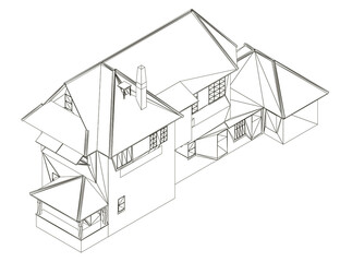Wireframe two-story cottage. House outline isolated on white background. View isometric. 3D. Vector illustration
