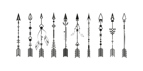 Arrows in boho style. Tribal arrows. Set of Indian style arrows. Rustic decorative arrows for tattoos. Vector