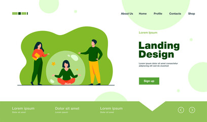 Person keeping social distance and avoiding contact. Woman separating from crowd and meditating in transparent bubble. Vector illustration for solitude or isolation concept