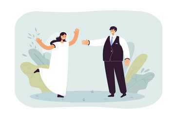 Obraz premium Happy groom taking bride by hand flat vector illustration. Young couple in wedding dresses getting married. Ceremony, engagement, love, marriage concept for banner, website design or landing web page
