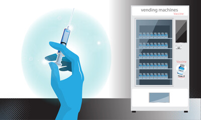 Coronavirus Vaccine Vector Background, Coronavirus COVID-19 Vaccination With Vaccine Bottle And Syringe Tool, Vector Illustration, Concept Vaccine In Vending Machine For Everyone