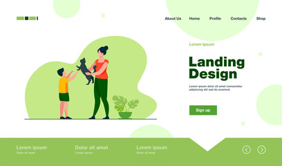Mom and son adopting pet. Mother giving cat to kid flat vector illustration. Animals care, pet adoption concept for banner, website design or landing web page