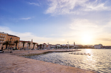 Travel by Croatia. Beautiful landscape with Split Old Town on sea shore.
