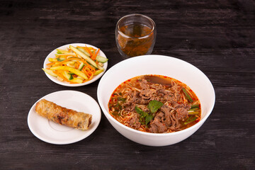 beef soup, avocado salad, roll and green tea