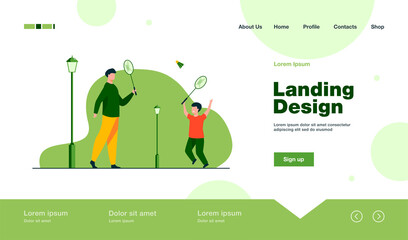 Dad and son playing badminton in autumn park. Bench, fun, fall flat vector illustration. Weekend and sport game concept for banner, website design or landing web page