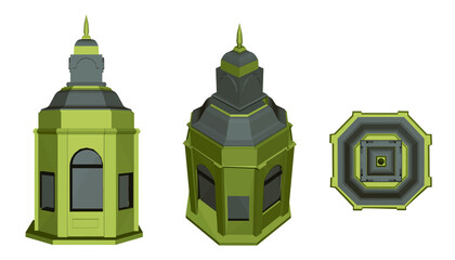 Set with polygonal building with a dome. Front view, isometric and top view. 3D. Vector illustration.