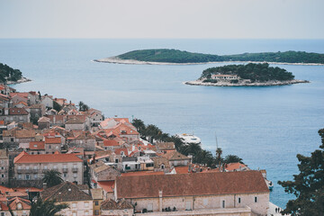 Beautiful view of Hvar old town on the sea shore.