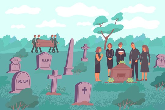 Funeral Flat Composition With Cemetery Landscape With Stone Graves Human Characters Carrying Wooden Eternity Box Illustration
